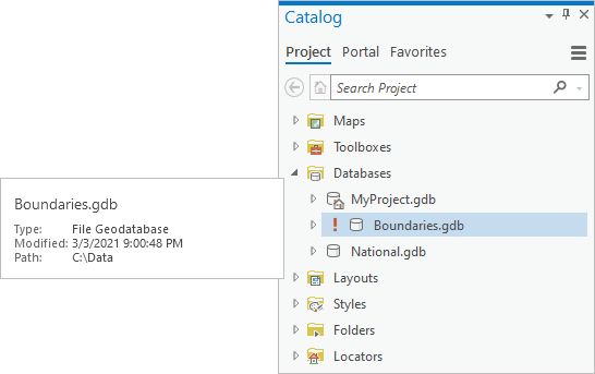 Catalog pane displaying an invalid database connection