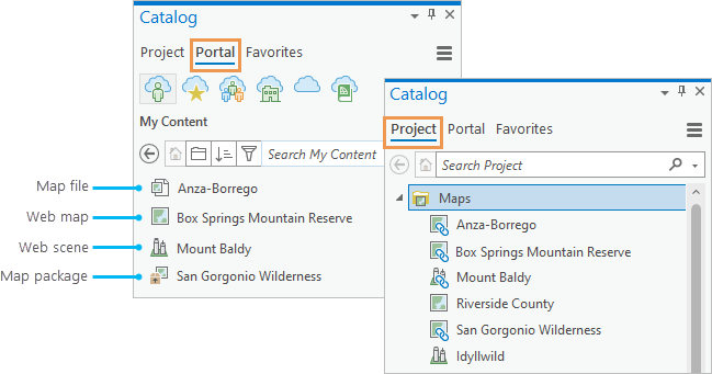 Catalog pane showing portal items on the Portal tab and corresponding maps on the Project tab