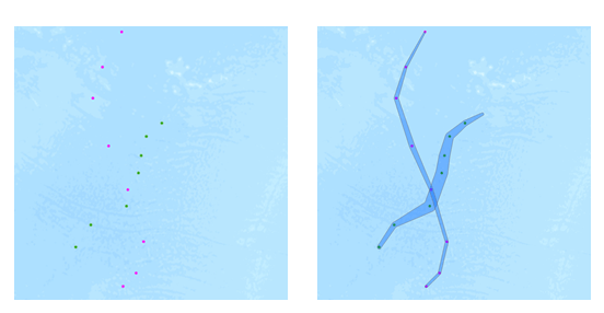 Input points with a buffer applied reconstructed into tracks