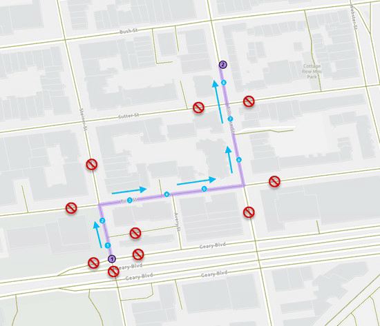 Streets considered for best shortest path are indicated on the map.