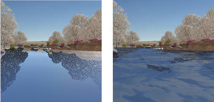 Static comparison of an animated water symbol in a scene before and after rendering improvements