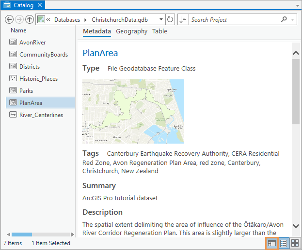 A catalog view showing feature class metadata