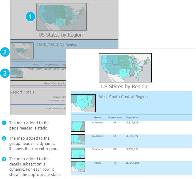 A report view with maps and the exported report