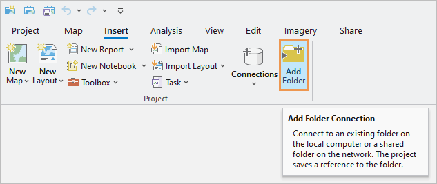 Insert tab on the ribbon with the Add Folder Connection button selected