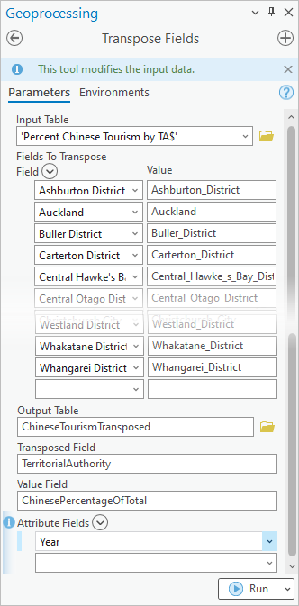 Transpose Fields tool