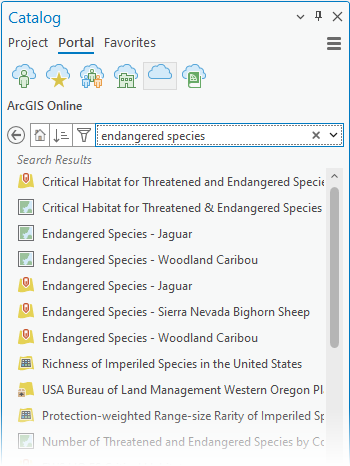 Catalog pane showing search results from ArcGIS Online