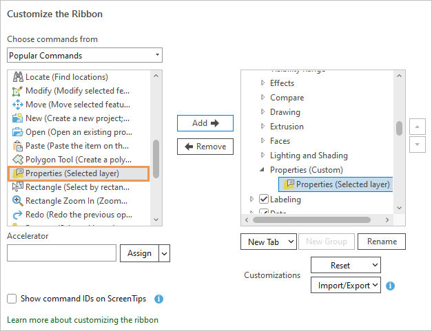 Properties command added to the new group