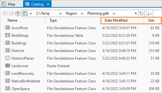 Catalog view showing modification date and file size for feature classes and tables