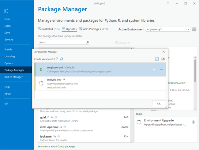 Package Manager page showing an environment upgrade