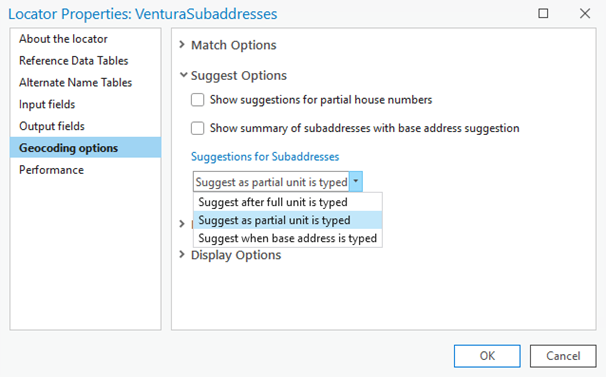 Locator Properties dialog box showing suggestions for subaddresses