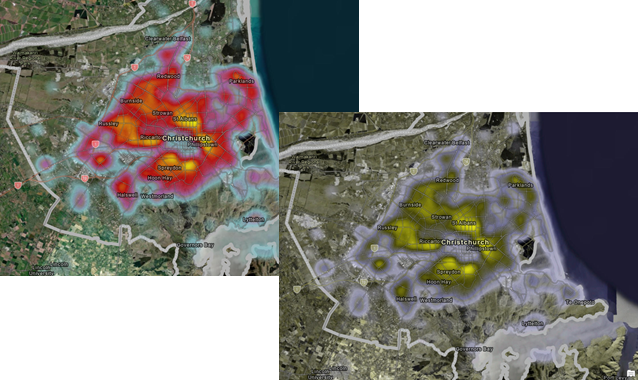 Side-by-side maps in a standard view and a simulation of deuteranopia