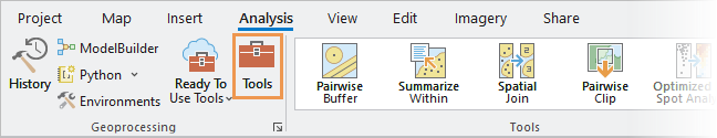 Analysis tab on the ribbon with the Tools command outlined