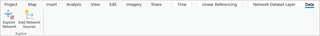 Explore Network and Add Network Sources tools appear on the ribbon when a network dataset is added in the Contents pane.