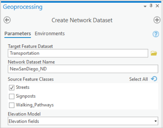 Create Network Dataset geoprocessing tool dialog box