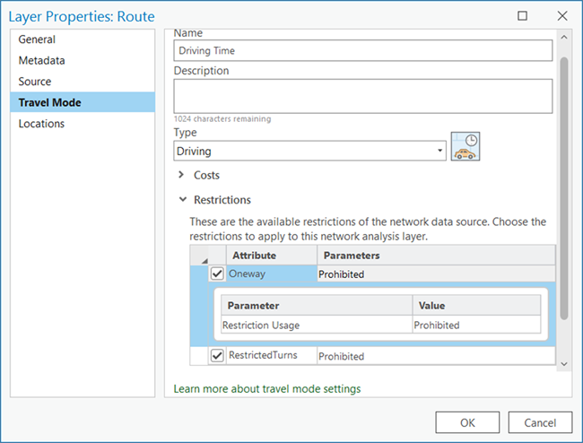 Changing Travel Mode parameter values on the Layer Properties dialog box