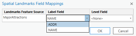 Spatial Landmarks Field Mappings dialog box with the Label Field drop-down list, showing all text fields in the MajorAttractions feature class