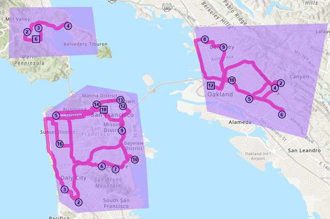 VRP solution with three routes servicing a set of orders with specialties