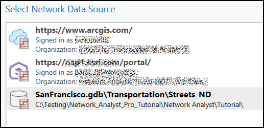 Select the network data source you want to use for creating a network analysis layer.