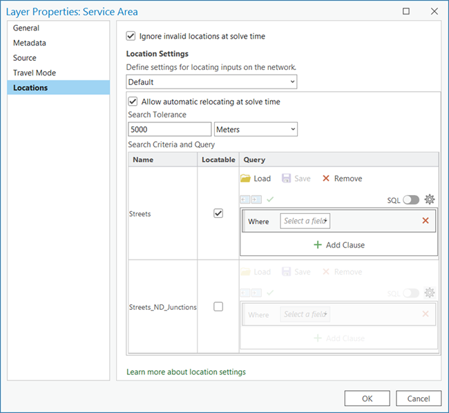 Layer properties dialog box with the Locations page selected