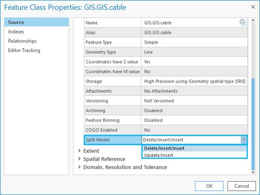 Feature class split model drop down options