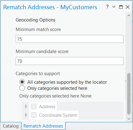 Geocoding options in Rematch Addresses pane