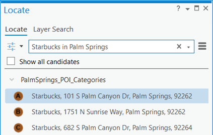 Result of POI place name search with zone and optional connector in the Locate pane