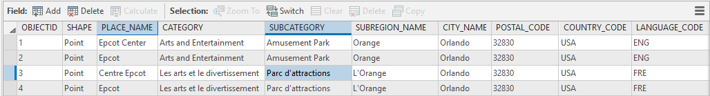 Table showing records with multiple languages, supported country codes, and supported language codes