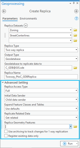 Advanced Setting in the Create Replica tool.