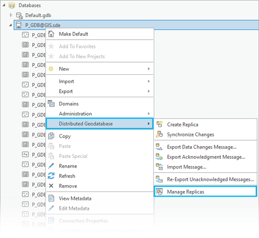 Manage Replicas on the Distributed Geodatabase context menu