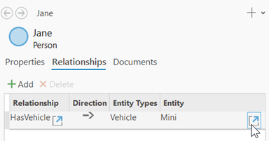 Hover over a relationship or a related entity to see the Open button.