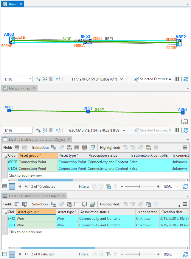 Network objects selected in the nonspatial tables after clicking Apply To Maps.