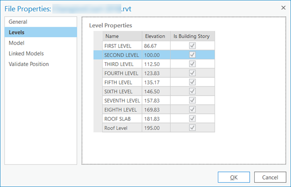 Levels tab for an .rft file