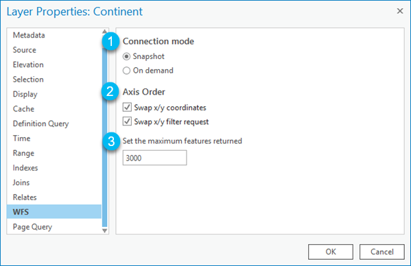 WFS layer properties such as the connection mode, axis order, or maximum number of features returned.