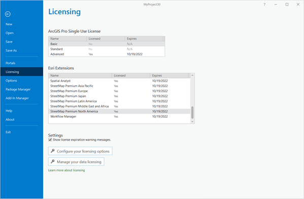 Licensing pane showing the Esri Extensions list for StreetMap Premium