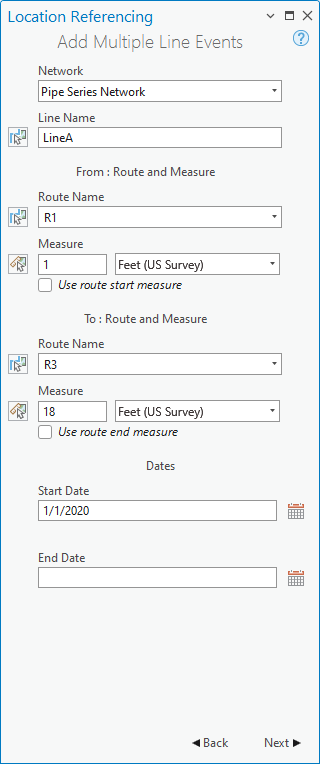Add Multiple Line Events pane with route and measure fields