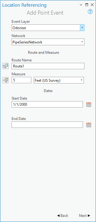 Add Point Event pane with route and measure fields