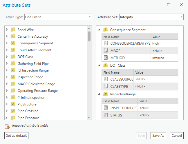 Attribute Sets dialog box with custom attribute set