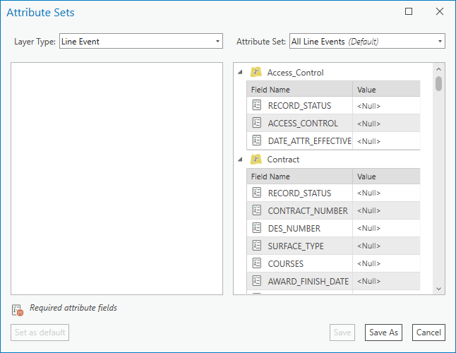Attribute Sets dialog box with custom attribute set shown