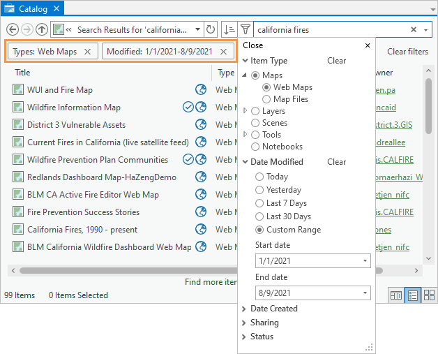 Catalog view showing drop-down options on the Filter button and filtered search results