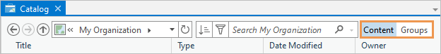 Content and Groups buttons shown next to the search box in the catalog view