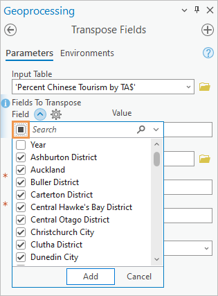 Transpose Fields tool with fields to transpose specified