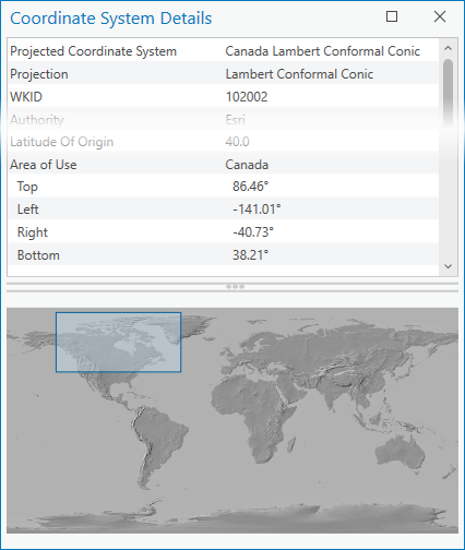 Coordinate System Details dialog box showing area of use for Canada Lambert Conformal Conic system.