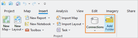 Insert tab on the ribbon showing the Connections button and the Add Folder Connection button.