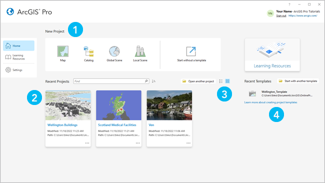 The Home tab of the ArcGIS Pro start page