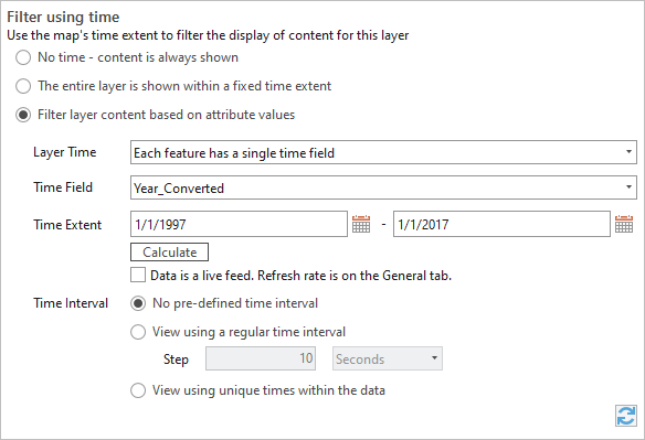 Layer Properties dialog box with time settings