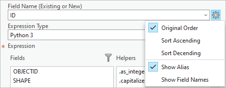 The field list settings menu