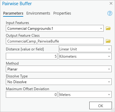 Pairwise Buffer tool dialog box