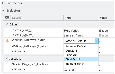 Changing the evaluator for the Walking_Pathways (Along) to Field Script