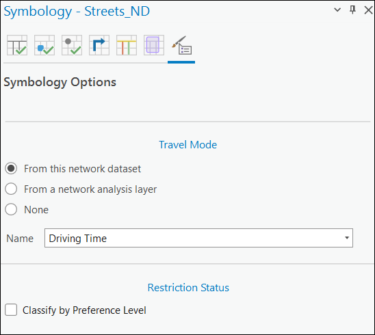 Choose the travel mode source to be a network dataset or a network analysis layer and restriction status preference level.