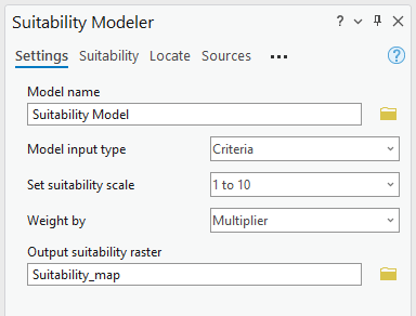 Settings tab of the Suitability Modeler pane